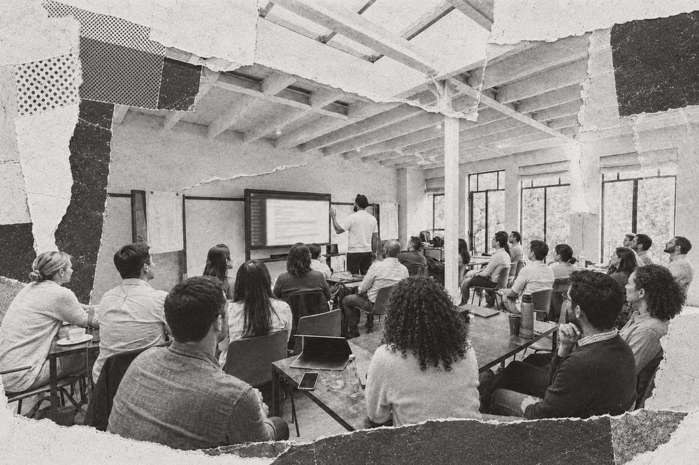 Illustrative greyscale collage of a training session in progress, composed on torn paper