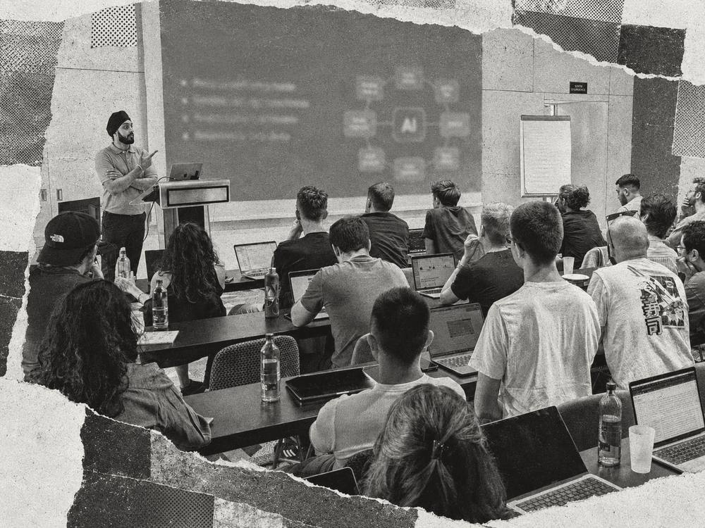 Illustrative greyscale collage of a training session in progress, composed on torn paper