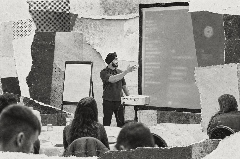Illustrative greyscale collage of a training session in progress, composed on torn paper