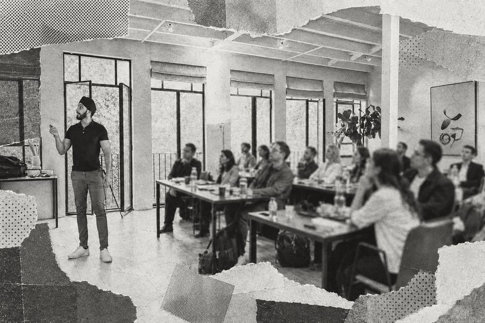 Illustrative greyscale collage of a training session in progress, composed on torn paper